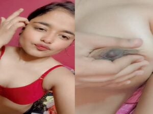 Sexy hot teen girl Instagran Reel in red bra nude boobs show selfie mms